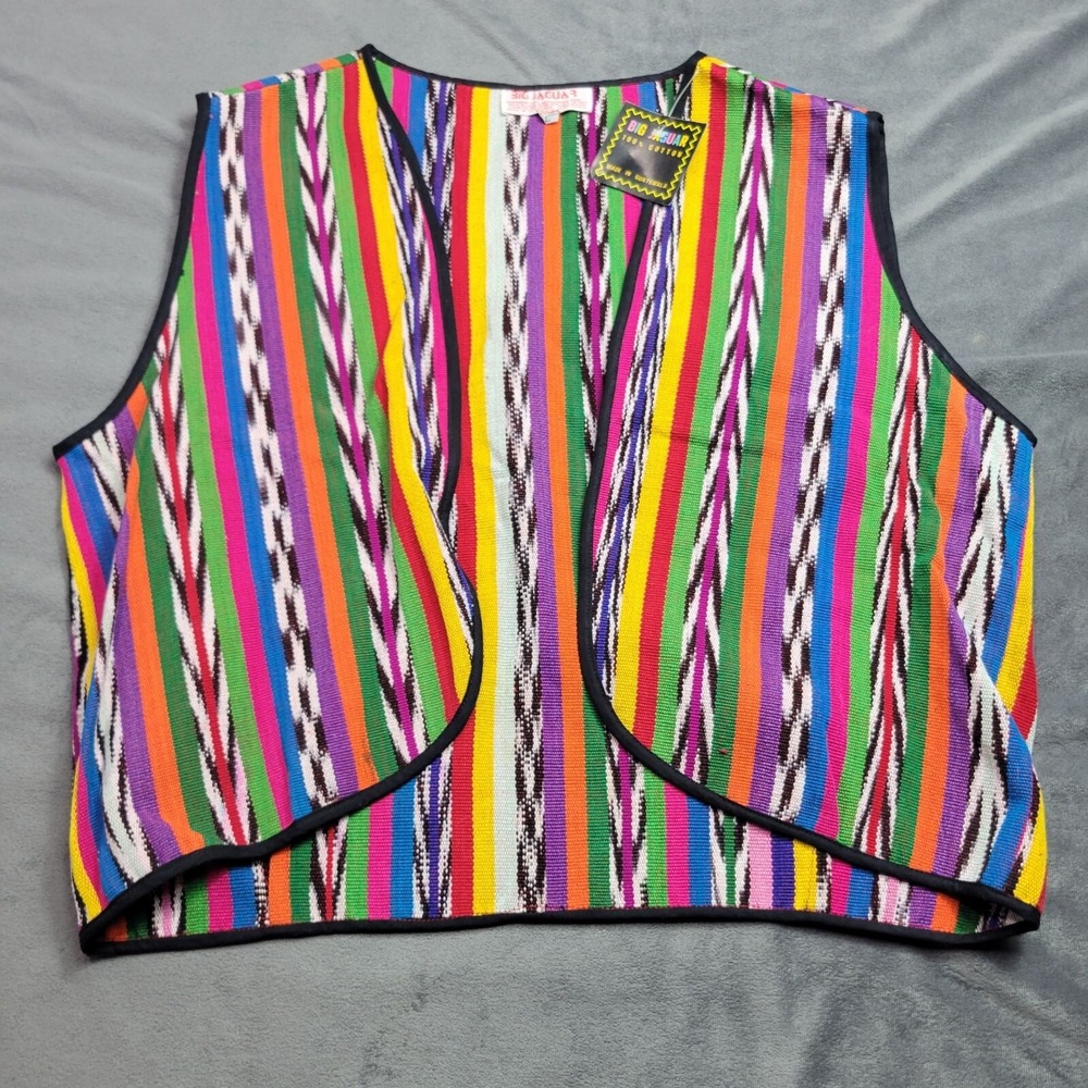 Big Jaguar Guatemalan Handmade Cotton Vest With Vibrant Multicolor Striped Patte